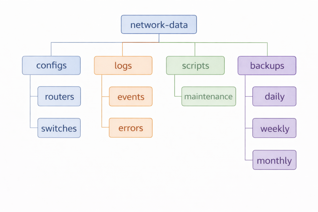 Clean directory tree diagram showing the complete network-data structure. Use box-and-line style diagram showing main directory and all subdirectories. Color code different sections - configs in blue, logs in orange, scripts in green, backups in purple. Professional looking organizational chart format