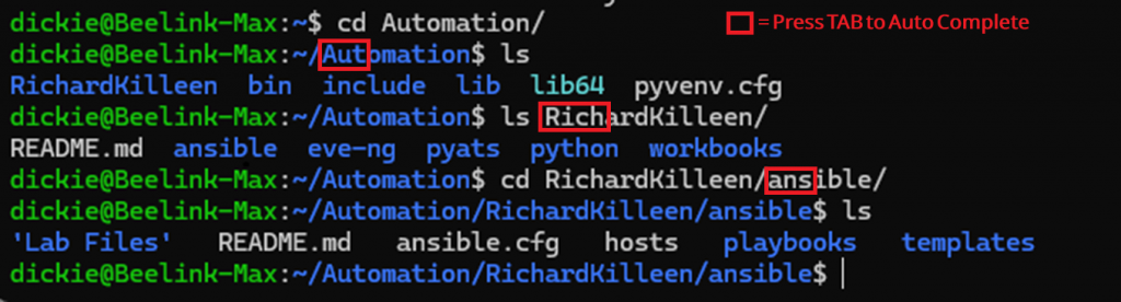 Terminal screenshot demonstrating tab completion in action. Show sequence: First line shows 'cd net' typed at prompt. Second line shows after pressing Tab, command autocompletes to 'cd network-data/'. Include annotation showing "Press Tab here" with arrow. Third line shows the completed command ready to execute. Makes the tab completion process visually clear for learners